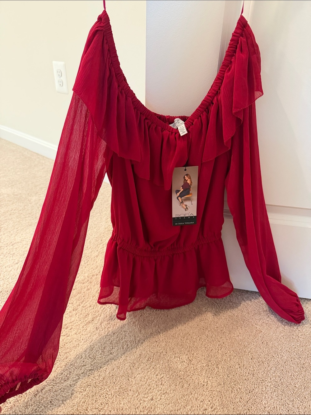 sofia by sofia vergara Crimson Off-Shoulder Ruffle Peplum Blouse